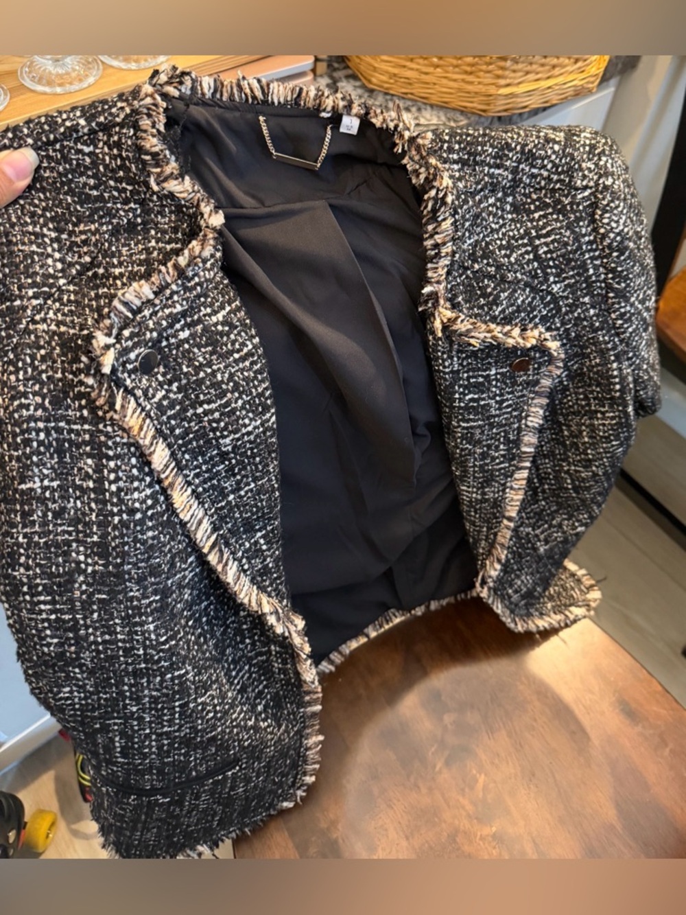 Chico's Black and White Tweed Fringe Open Jacket